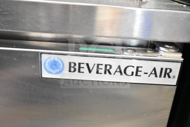 Beverage Air WTR60AHC 2-door commercial cooler, stainless steel finish, on casters. Logo and model label visible. 115 volts, 1 phase.