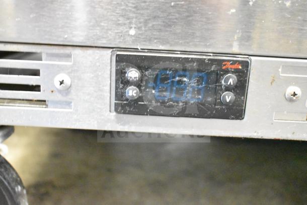 Beverage Air WTR60AHC commercial cooler, 2-door, on casters, 115V, 1 Phase. Digital display panel visible.