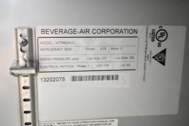 Beverage Air WTR60AHC commercial cooler label showing model, refrigerant R290, voltage 115, 1 phase, 60 Hz.