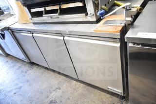 Motak MUF-72 commercial 3 door undercounter freezer, stainless steel, 115 volts, 1 phase, good condition, branded label visible.