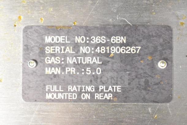 Vulcan 36S-6BN commercial gas range label showing model, serial number, gas type, and pressure details.