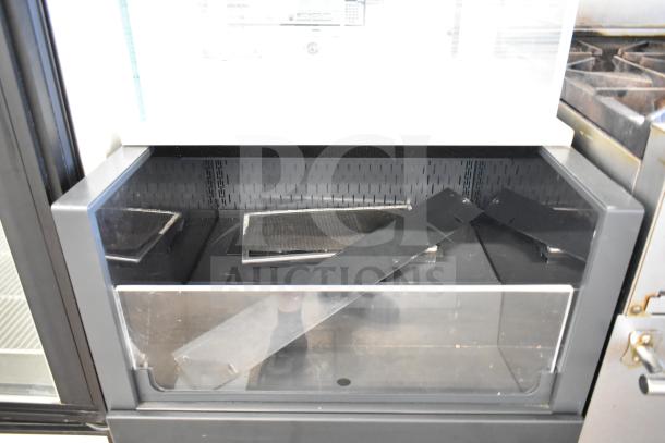 Structural Concepts SBZ2852DR commercial display case, black finish, multiple shelves, clear glass front, 220V, 1 phase.