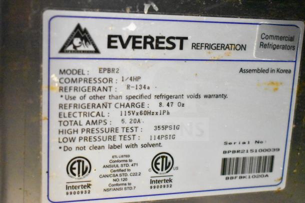 Label of Everest EPBR2 Commercial Sandwich Salad Prep Table with model, electrical specs, and refrigerant details visible.
