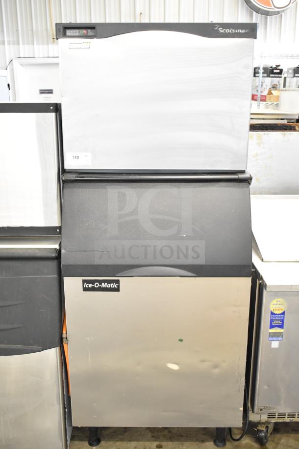 Scotsman C0630SA-32A ice head on Ice-O-Matic B55PS bin, 208/230V, 1 phase, commercial use, visible logo and serial number label.