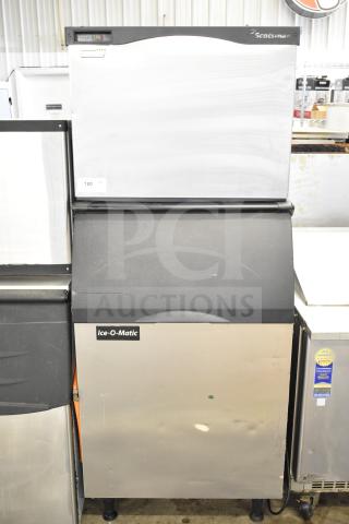 Scotsman C0630SA-32A ice head on Ice-O-Matic B55PS bin, 208/230V, 1 phase, commercial use, visible logo and serial number label.