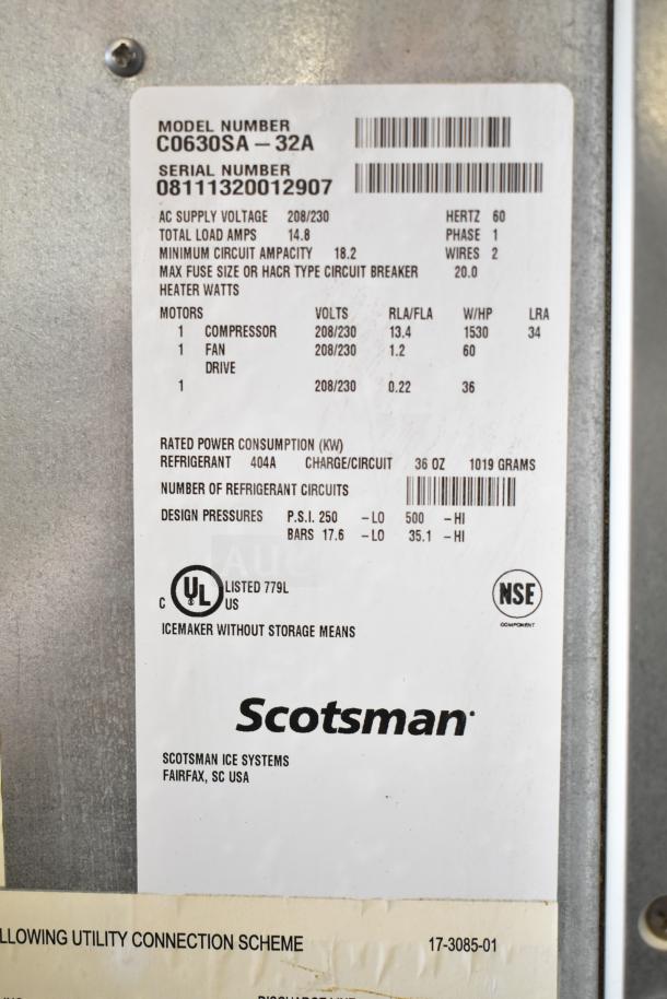 Scotsman C0630SA-32A commercial ice head, Ice-O-Matic B55PS bin. Model number and specs visible; 208/230V, 1 phase.