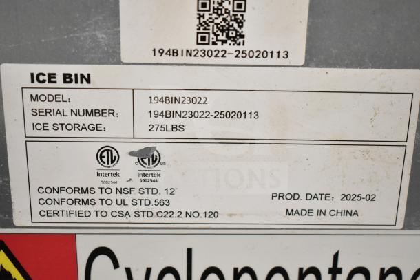 Avantco 194BIN23022 Ice Bin label with model, serial number, 275 lb capacity, compliance certifications, and production details.