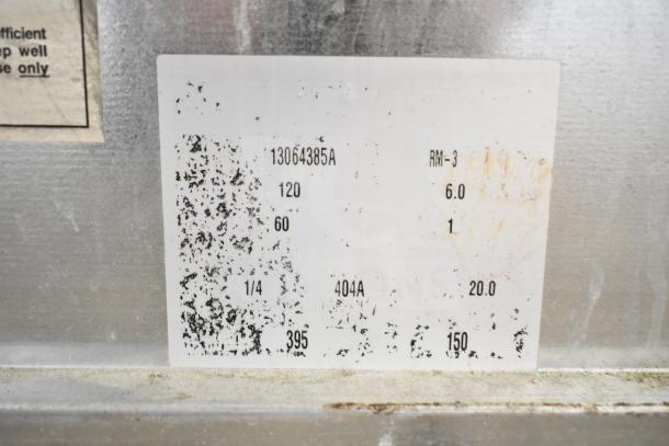 Atlas Metals RM-3 commercial refrigerated drop-in, 120V, 1 phase, visible worn label with technical specs.