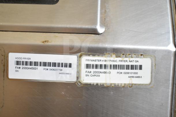 Frymaster BKFP450C Commercial Fryer Hood, visible label showing model and serial number, good condition.