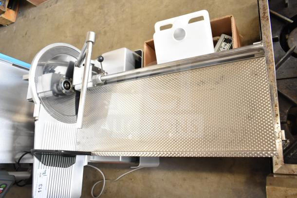 Bizerba A 404 US Commercial Meat Slicer Stacker, stainless steel, 115V, 1 Phase, excellent condition, with safety guards.