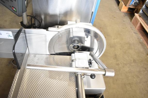 Bizerba A 404 US Commercial Meat Slicer Stacker, countertop design, 115 volts, 1 phase, includes control panel and slicer blade.