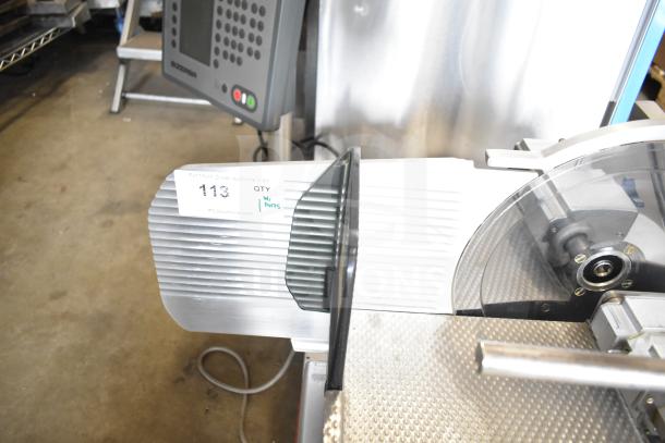 Bizerba A 404 US Commercial Meat Slicer Stacker, 115V, 1 Phase, includes control panel and slicer blade, used condition.