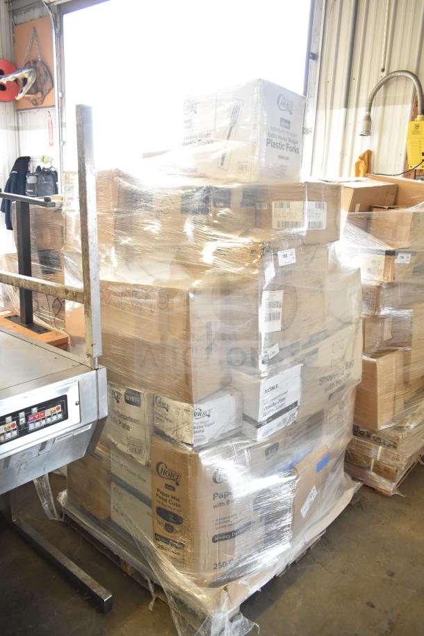 Pallet of 39 brand new scratch and dent boxes containing plastic forks and paper plates, wrapped for auction, MAR26-95.
