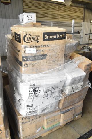 Brand new assorted scratch and dent items including Choice paper containers, plastic cutlery packs, and cold cups.