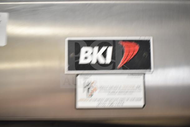 BKI Commercial Hood in stainless steel, includes brand logo and service label. Suitable for restaurant kitchens.