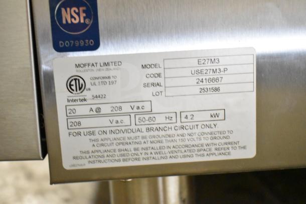 Moffat E27M3 commercial convection oven label; 208V, 1 Phase, 4.2kW. Notable detail: broken glass.