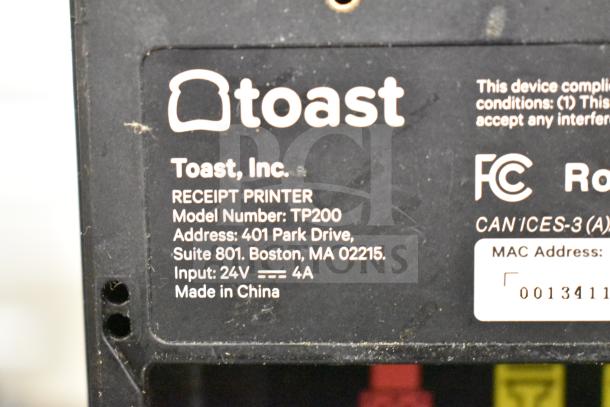 Toast TP200 receipt printer label with specifications: 24V input, model number TP200, made in China, manufacturer address.