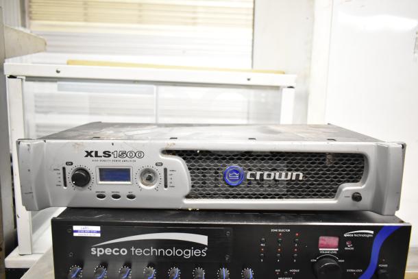 Crown XLS 1500 and Speco Technologies PBM120A amplifiers, used condition, showing controls and brand labels.