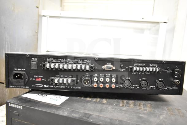 Four items including Toast TP200 printer, Crown XLS 1500 power amplifier, Speco PBM120A amplifier, and Samsung SRD-852DN DVR.