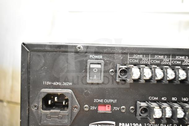 Speco Technologies PBM120A Amplifier back view, showing power switch, connector ports, and zone output details.