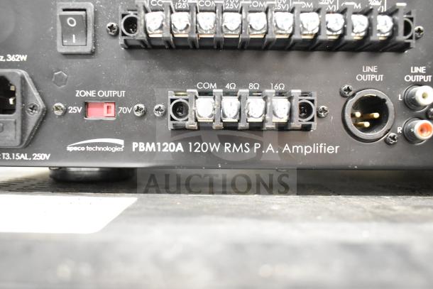 Speco Technologies PBM120A Amplifier, 120W RMS, showing zone and line output connections. Features durable casing.