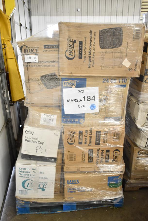 Pallet of 31 new scratch and dent items, including Choice containers, Tork liners, and Lavex towel rolls. 31 times bid value.