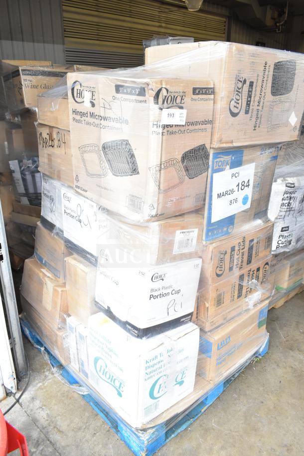 Pallet with boxes of Choice and Tork brand items including take-out containers, cups, and cutlery. Marked MAR26-184.
