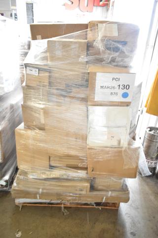 Stack of 29 brand new scratch and dent items on a pallet, including server vests, shelves, terry cloths, and fryer screen. Labeled "MAR26-130."