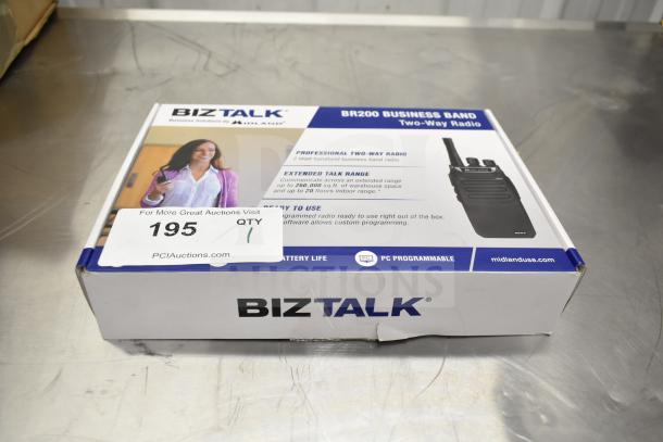 Biztalk BR200 Business Band Two-Way Radio in original packaging. Features professional use, extended range. Box shows product details.