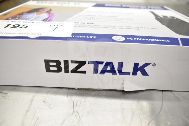 Biztalk BR200 Business Band Two Way Radio box, slight box wear, features PC programmable, long battery life. Quantity tag visible.