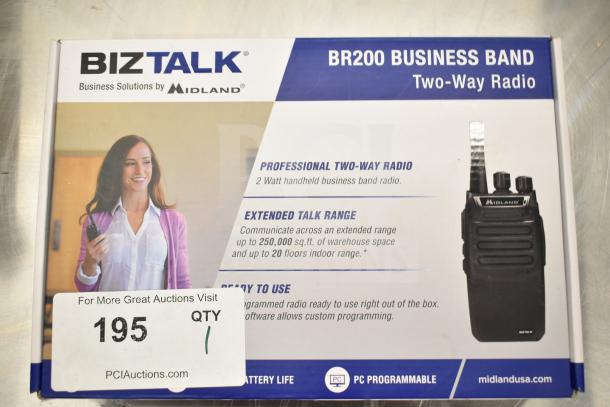 Box for Biztalk BR200 Business Band Two-Way Radio by Midland. Features 2-watt power, extended range, and PC programming.