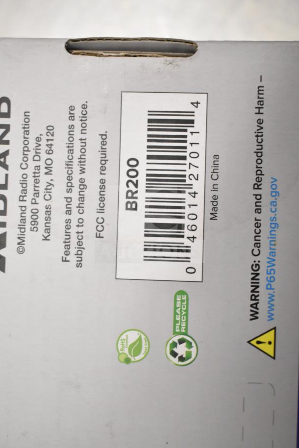 Midland Biztalk BR200 box detail with barcode, recycling logos, and FCC license notice. Made in China.
