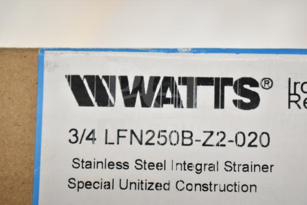 Watts temperature and pressure safety relief valve label showing model 3/4 LFN250B-Z2-020, stainless steel, special unitized construction.