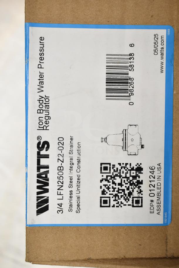Watts Iron Body Water Pressure Regulator box with label details, including model 3/4 LFN250B-Z2-020 and barcode.