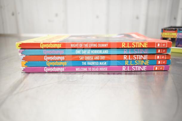 "Goosebumps tin set with 5 books: Night of the Living Dummy, One Day at Horrorland, Say Cheese and Die, The Haunted Mask, Welcome to Dead House by R.L. Stine. Books in good condition."