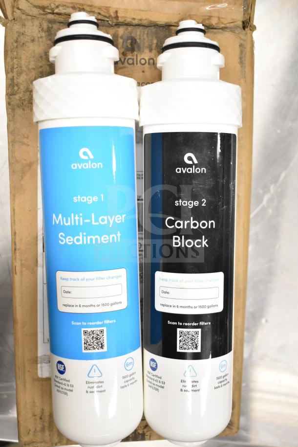 Avalon filter cartridges, stages 1 and 2, Multi-Layer Sediment and Carbon Block, NSF certified, 1500-gallon capacity.