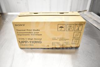 Sony UPP-110HG Thermal Print Media box, Type V High Glossy, 110mm x 18m. Features symbols and bilingual labels.