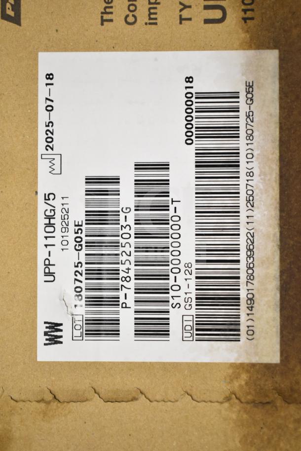 Sony Thermal Print Media UPP-110HG box with barcode label, lot number 130725-G05E, and expiration date 2025-07-18.