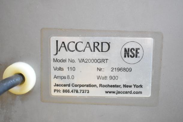 Jaccard VA2000GRT Commercial Meat Slicer label, 110 volts, 1 phase, NSF certified. Model details and contact info shown.