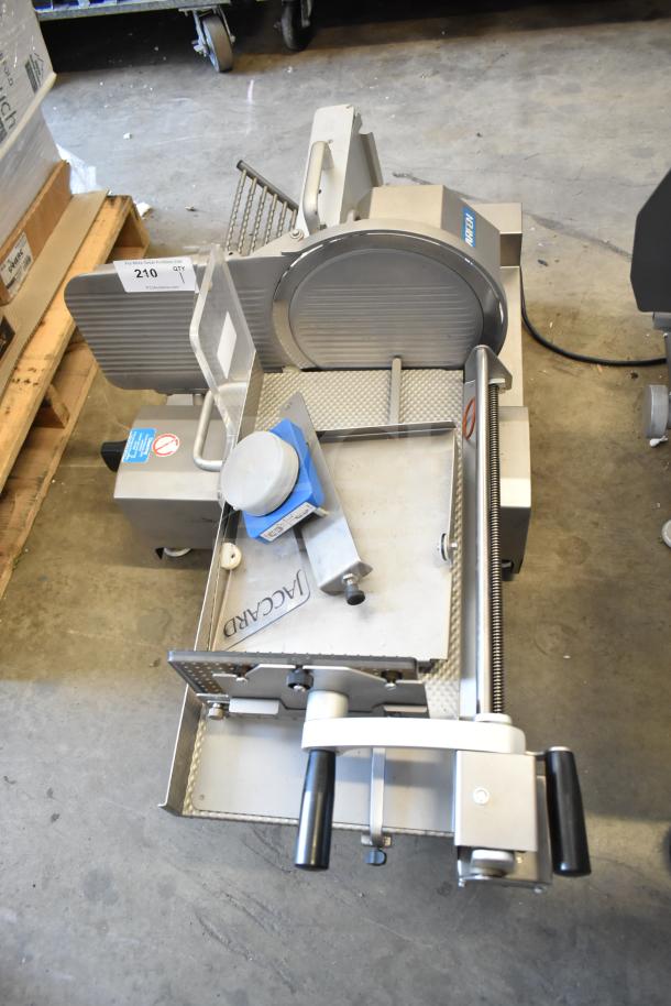 Scharfen VA2000 GR commercial meat slicer stacker, countertop model. Features 110 volts, 1 phase. Appears in good condition.
