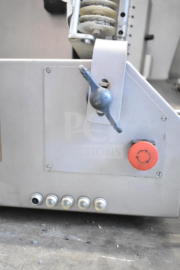 Scharfen VA2000 GR commercial meat slicer stacker, stainless steel, visible controls, 110V, 1 phase, good condition.