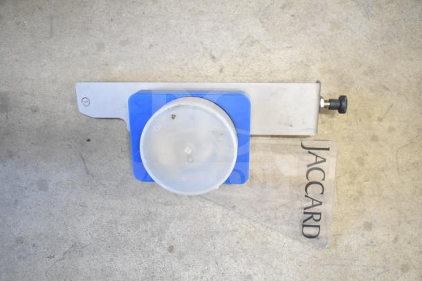 Scharfen VA2000 GR commercial meat slicer stacker, pristine condition, 110V, 1 phase, model details visible, includes Jaccard plate.