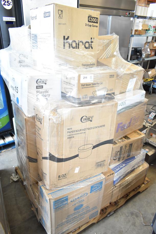 Pallet of 28 brand new scratch and dent items including cups, napkins, and foil rolls. Various boxed brands visible.