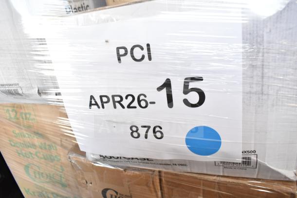28 new scratch and dent items including cold cups, napkins, foil roll, food cups; marked "PCI APR26-15" on packaging.