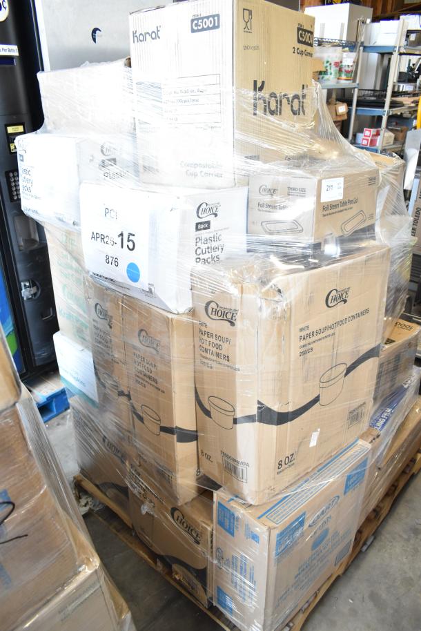 Pallet of 28 scratch and dent food service items including cold cups and napkins in original packaging; boxes labeled by brand.