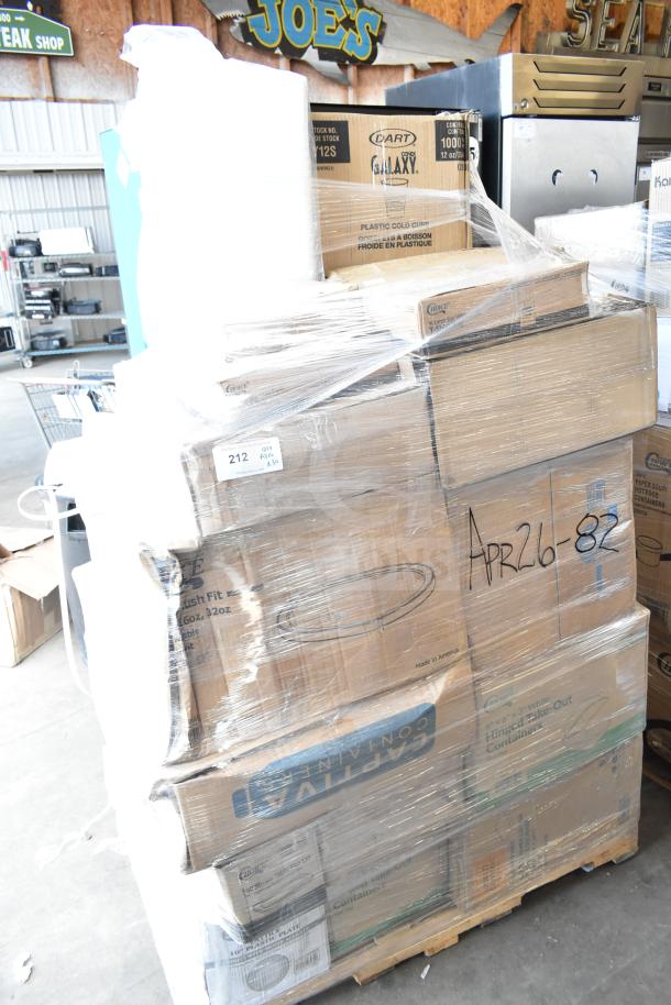 Pallet of 30 brand new items, including containers, paper bags, gloves, cold cups. Scratch and dent condition labeled "APR26-82".