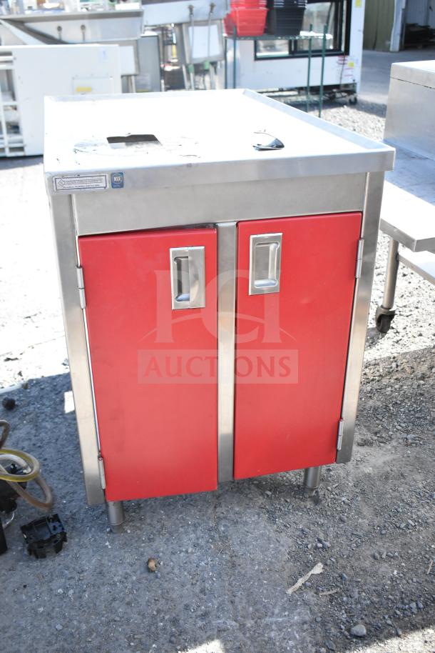 Southern Stainless Equipment Co counter with two red doors, stainless steel frame, visible NSF certification.