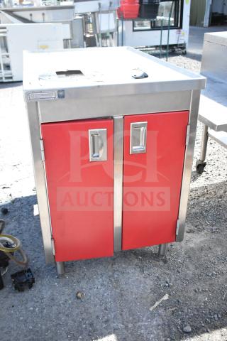 Southern Stainless Equipment Co counter with two red doors, stainless steel frame, visible NSF certification.