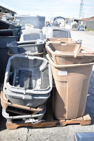 Three poly trash cans with extra lids, in used condition, stacked on a pallet. Auction tag visible, reading "217".