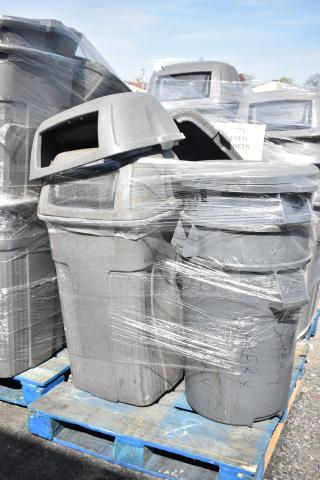 Six gray poly trash cans with extra lids, various sizes, shrink-wrapped on a pallet, labeled for auction lot 773.